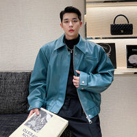 Casual Jacket Blue PU Leather Retro