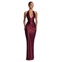 Neck-hanging Deep V-neck Pleated Lace-up Sexy Off-shoulder Slim-fit Long Dress