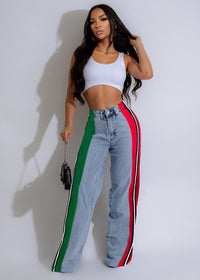 Stylish Patchwork Striped Contrasting Denim Jeans