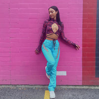 Women's High Waist Hollow-out Strap Straight Ankle Tied Leather Pants