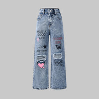 Snowflake Water Washed Hole Printed Wide-leg Jeans