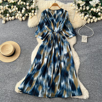 Lantern-sleeve Tie-Dye Printed Dress Womens SpringSummer High-End Defined-Waist Flared Maxi Dress