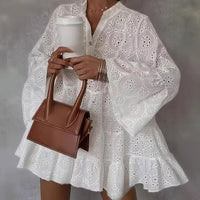 Womens Loose V-Neck Hollow-Out Lace Floral Dress