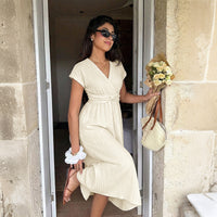 Solid-color V-neck High-waist Dress For Women