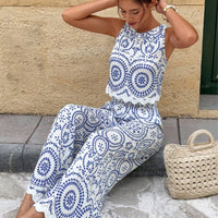 Sleeveless Casual Pants Printed Two Piece Set