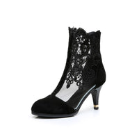 Women's Leather Mid-high Heel Hollow Lace Heel Short Boots