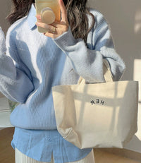 Slit Hemline At Hem Loose Sweater Round Neck Pullover Top Women