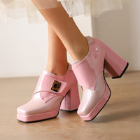 Square-toe Patent Leather Buckle Pumps Thick-soled High Heels