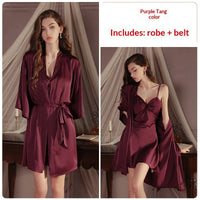 Sexy Backless Womens Camisole Nightdress  Slip-On Silk Robe Set For Loungewear