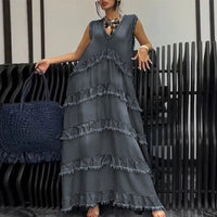 Solid-color V-neck Fashionable Raw-edge Patchwork Denim Dress