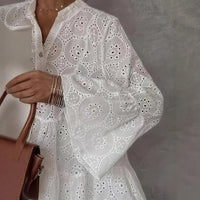 Womens Loose V-Neck Hollow-Out Lace Floral Dress
