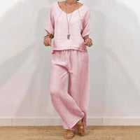 Womens Multi-Color Two-Piece Set Casual V-Neck Pullover With Three-Quarter Sleeves And Extended Pants