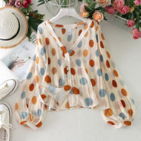 V-neck Pleated Polka Dot Sun Protection Shirt For Women
