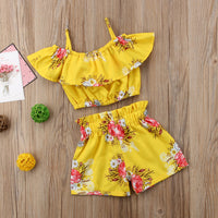 Girl's one-collar floral shorts suit