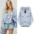 Women's Bohemian V-neck Lace-up Embroidered Top
