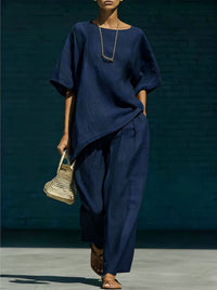 Short-sleeve Top With An Asymmetrical Hem And Wide-leg Pants Set