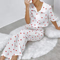 Heart-printed Crepe Cotton Pajama Pants And Short-sleeve Top Set