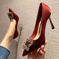 Rhinestone Stiletto Women's Shoes Net Red Satin Slim