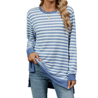 Women's Striped Contrasting Color Crew Neck Long Sleeve Top