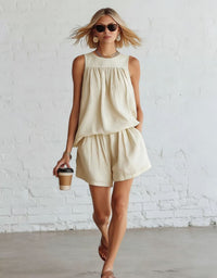 Cotton-linen Sleeveless Top And Wide-leg Shorts Set