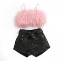 Furry Sling Top Solid Color Open Bag Leather Pants Suit With Belt