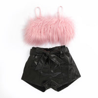 Furry Sling Top Solid Color Open Bag Leather Pants Suit With Belt