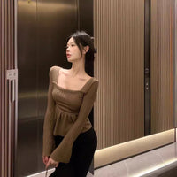 Pure Desire Apricot Hem Square Collar Long Sleeve Top