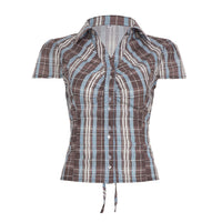 Womens Striped Contrasting Color Plaid Short-Sleeve Shirt