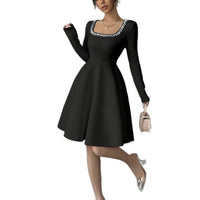 Square-neck Waist-cinched Black Long-sleeve Princess Dress