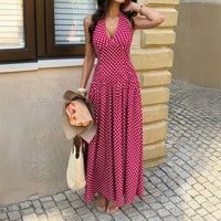 Resort-style Halter-neck Polka-dot Waist-cinched Dress