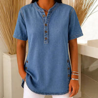 V-neck Casual Womens Faux Denim Short-sleeve Top