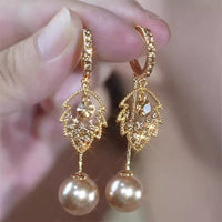 Tulip Petal Pearl Drop Earrings, Light Luxury French Style, Sparkling Zircon Elegant Ear Cuffs