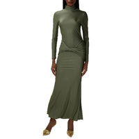 Womens High-neck Green Pleated Sheath Long-sleeve Dress