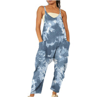 Womens Printed Zippered Patch-Pocket Jumpsuit With Straps