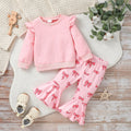 Two-piece Girls' Long Sleeve Flounced Sleeve Sweater Printed Bow Flared Pants Suit