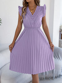 Casual Lace V-neck Ruffled-waist Pleated Dress