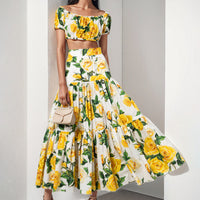 European And American Womens Elegant Sexy Printed Pleated Skirt Fashion Set
