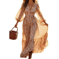 Long-sleeve High-waisted Bohemian Maxi Dress