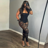 Sexy Women Clothing Sling Style Stitching Sheer Cutout High Elasticity Jumpsuit