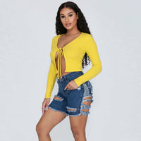 Hand-worn high waist denim shorts
