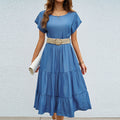 Solid-color Minimalist Round-neck Short-sleeve Midi Dress For Women
