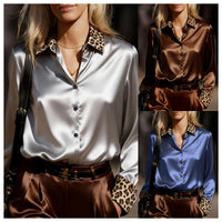 Retro-Style Long-Sleeve Satin Shirt With Leopard Print And Color-Block Design