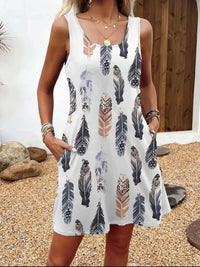 Summer New Feather Print Sleeveless Tank Dress