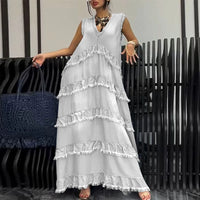 Solid-color V-neck Fashionable Raw-edge Patchwork Denim Dress