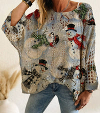 Bat Loose Off-shoulder Boat Neck Diamond Hollow-out Contrast Color Christmas Print Knitted Sweater
