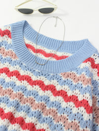 Striped Hollow-out Knitted Round Neck Loose Contrast Color Fashion Pullover Top Women's Clothing