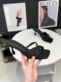 French High-heeled Small-town Slippers For Women, Versatile For Both Indoor And Outdoor Wear, Square-toed And Toe-exposing Summer Flats