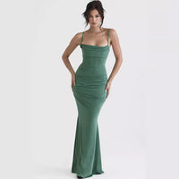 Womens Fishbone Pleated Sexy Backless Slip Mermaid Bodycon Dress