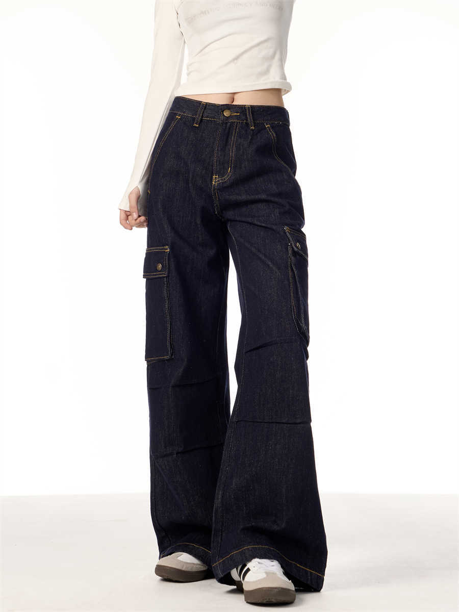 Multi-pocket Straight Cargo Jeans Women's Wide-leg Trousers