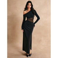 Women's Solid-Color Off-Shoulder Long-Sleeve Lace Dress